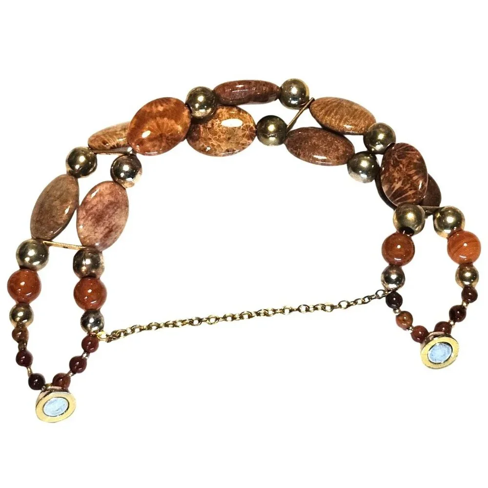 Vintage Bracelet Beaded Jasper Stone Gold-Tone Glass Magnetic Closure‎